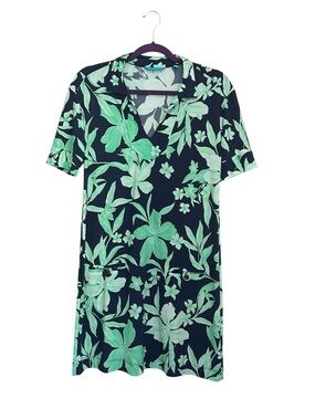 Tori Richard Honolulu Jaxon Shift Dress NavyGreen Floral Tropical Pockets Size S